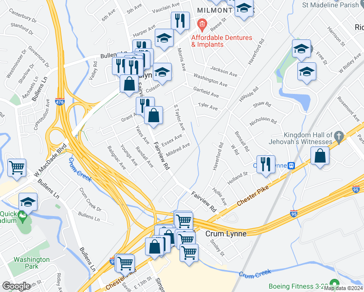 map of restaurants, bars, coffee shops, grocery stores, and more near 1223 Mildred Avenue in Woodlyn