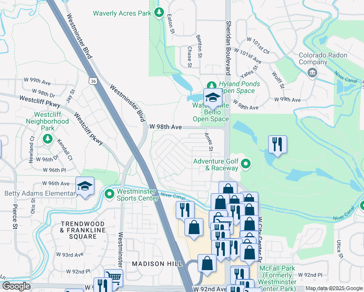 map of restaurants, bars, coffee shops, grocery stores, and more near 5553 West 97th Avenue in Broomfield