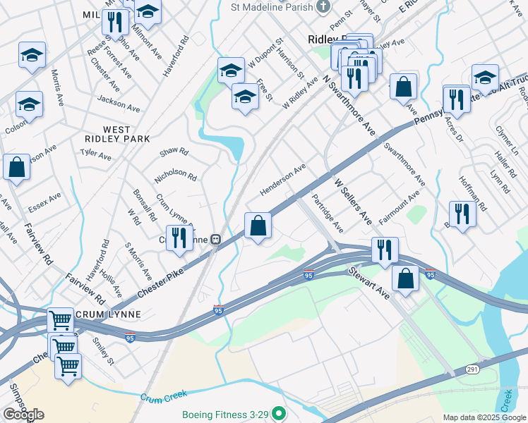 map of restaurants, bars, coffee shops, grocery stores, and more near 229 West Chester Pike in Ridley Park