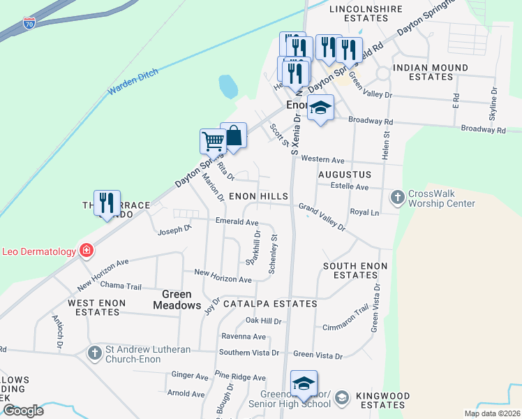 map of restaurants, bars, coffee shops, grocery stores, and more near 6533 Conway Drive in Enon