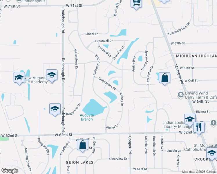 map of restaurants, bars, coffee shops, grocery stores, and more near 6353 Creekshore Lane in Indianapolis