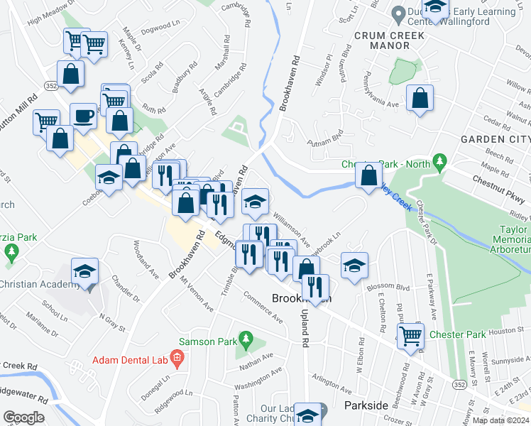 map of restaurants, bars, coffee shops, grocery stores, and more near 3614 Williamson Avenue in Brookhaven