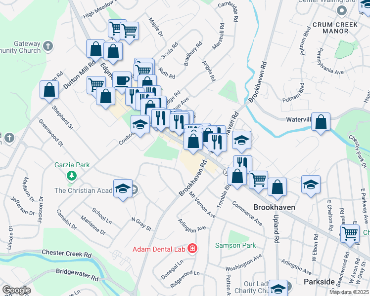 map of restaurants, bars, coffee shops, grocery stores, and more near 4220 Edgmont Avenue in Brookhaven