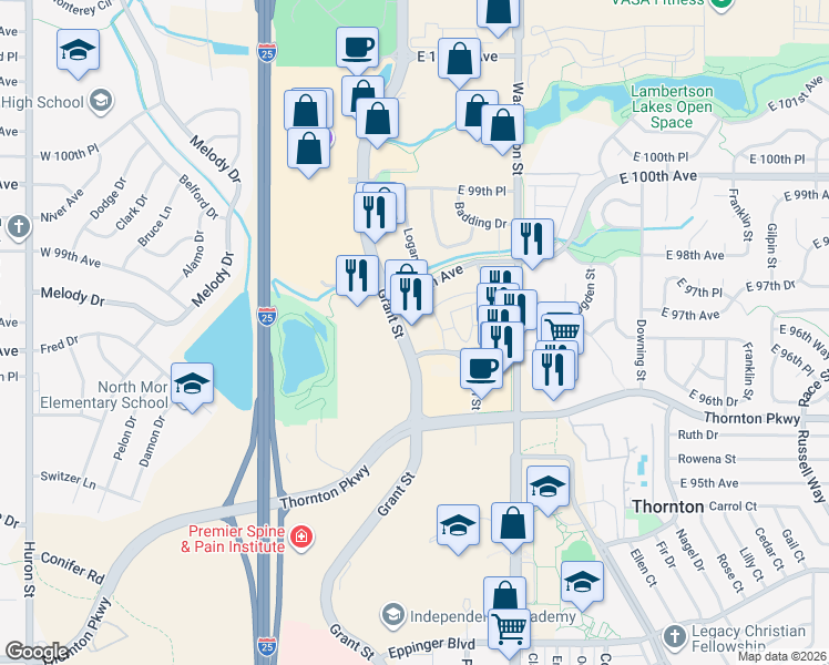 map of restaurants, bars, coffee shops, grocery stores, and more near 45 Grant Street in Thornton