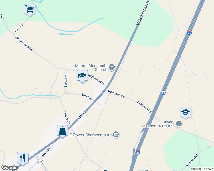 map of restaurants, bars, coffee shops, grocery stores, and more near 4423 Molly Pitcher Highway in Chambersburg