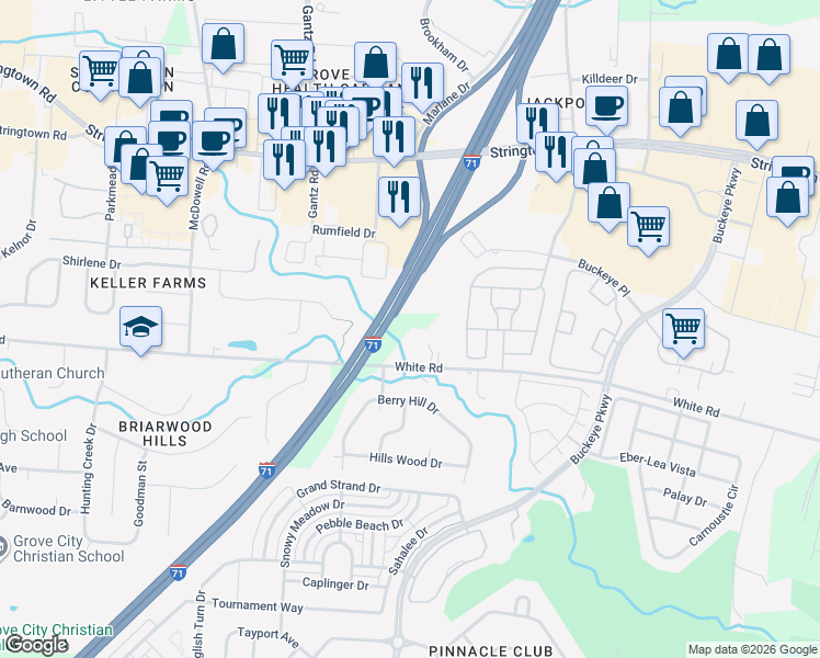 map of restaurants, bars, coffee shops, grocery stores, and more near 1822 White Road in Grove City