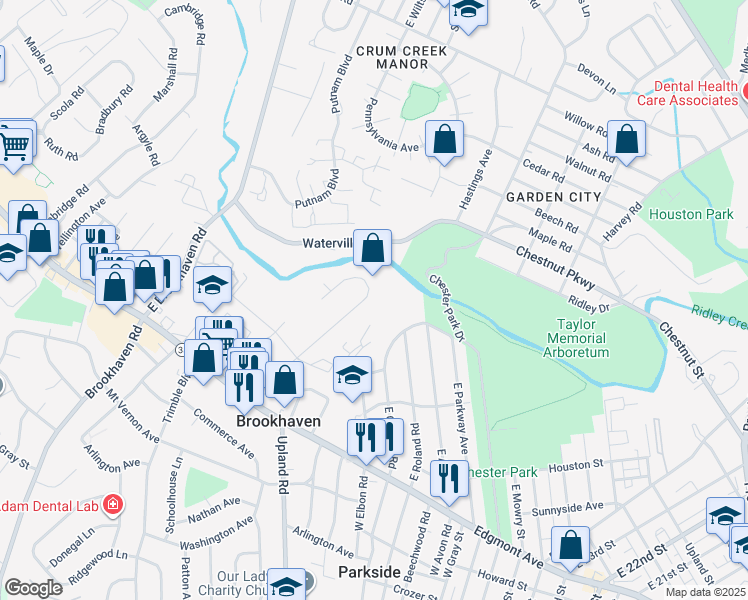 map of restaurants, bars, coffee shops, grocery stores, and more near 131 Meadowbrook Lane in Brookhaven