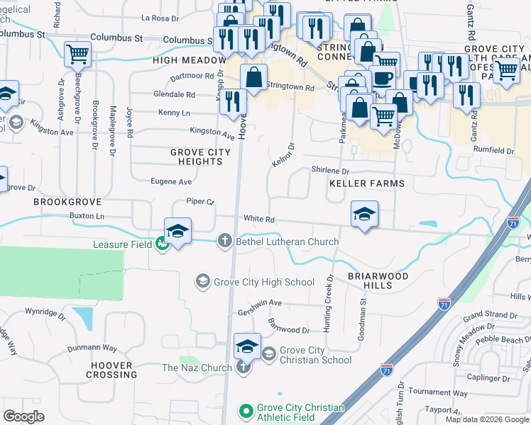 map of restaurants, bars, coffee shops, grocery stores, and more near 2436 White Road in Grove City