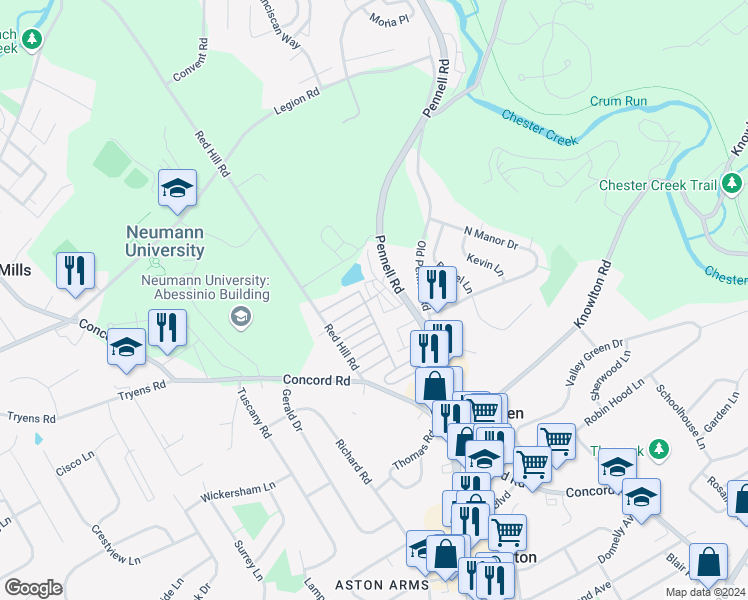 map of restaurants, bars, coffee shops, grocery stores, and more near 12 Travelo Lane in Media