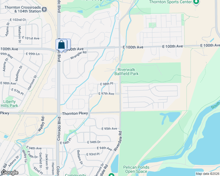map of restaurants, bars, coffee shops, grocery stores, and more near 9724 Dexter Lane in Thornton