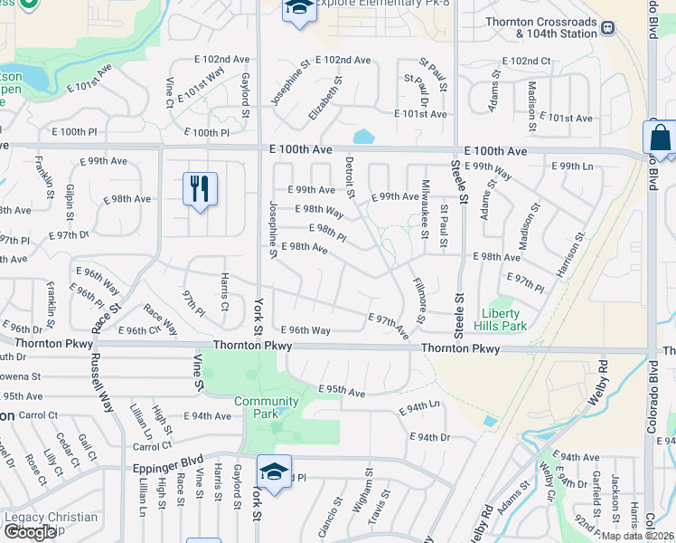 map of restaurants, bars, coffee shops, grocery stores, and more near 9746 Elizabeth Street in Thornton