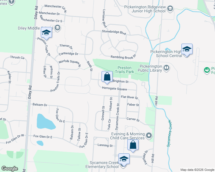 map of restaurants, bars, coffee shops, grocery stores, and more near 594 Herrogate Square in Pickerington