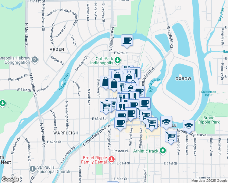 map of restaurants, bars, coffee shops, grocery stores, and more near 6412 Carrollton Avenue in Indianapolis