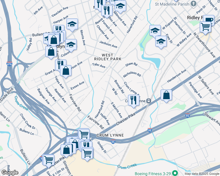 map of restaurants, bars, coffee shops, grocery stores, and more near 512 West Road in Ridley Park