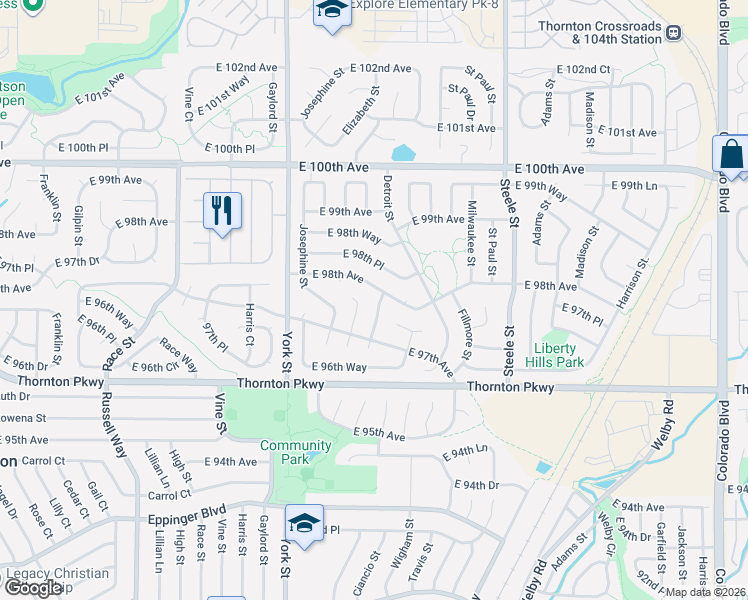 map of restaurants, bars, coffee shops, grocery stores, and more near 9755 Elizabeth Street in Thornton