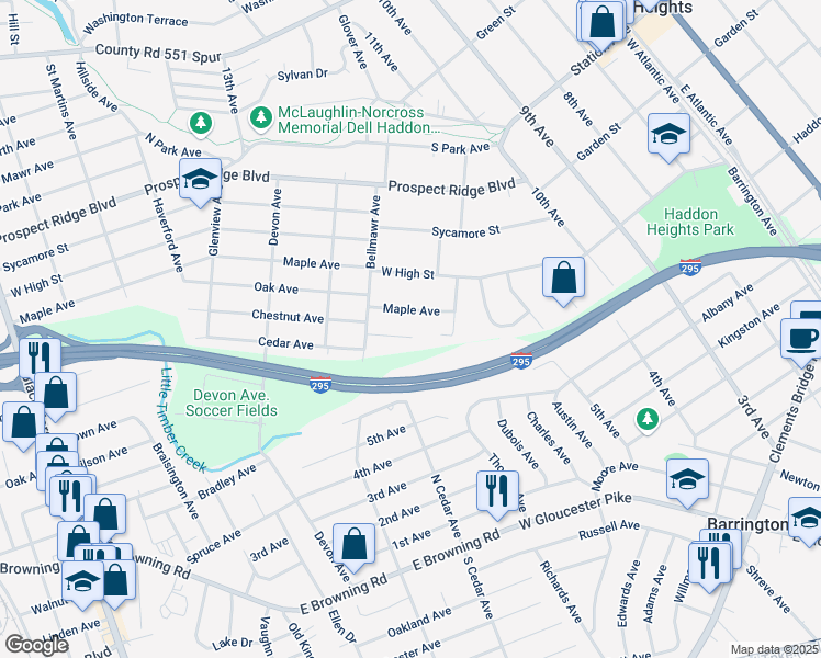 map of restaurants, bars, coffee shops, grocery stores, and more near 1336 Chestnut Avenue in Haddon Heights