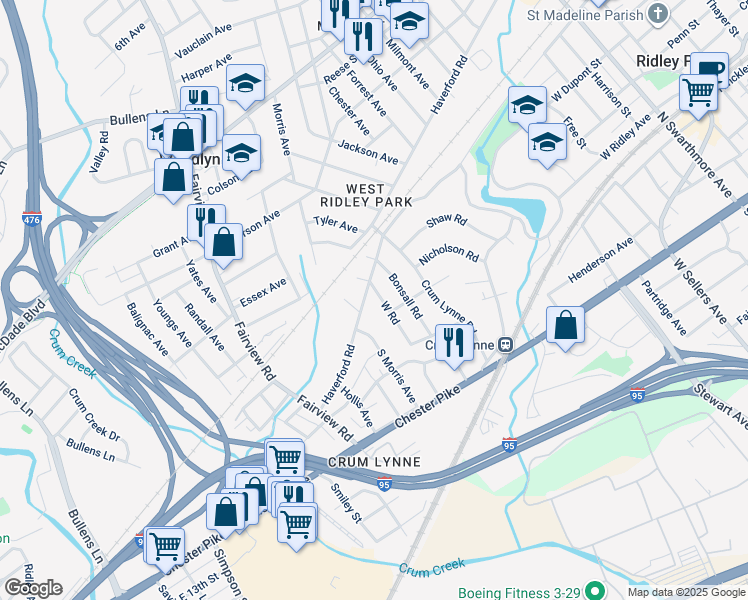 map of restaurants, bars, coffee shops, grocery stores, and more near 512 West Road in Ridley Park