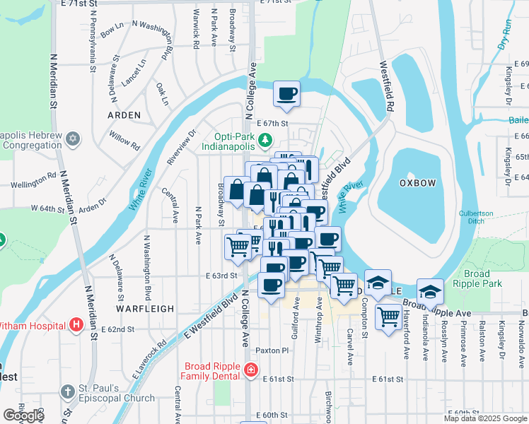 map of restaurants, bars, coffee shops, grocery stores, and more near 6412 Carrollton Avenue in Indianapolis