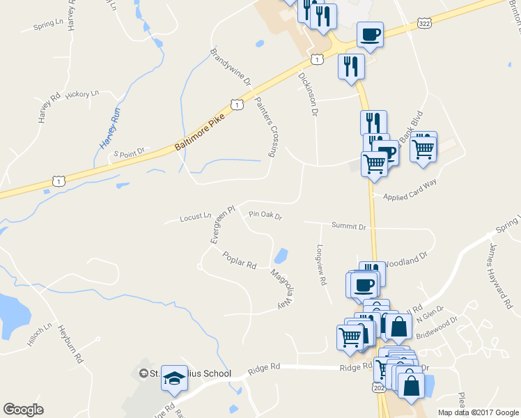 map of restaurants, bars, coffee shops, grocery stores, and more near 6 Pin Oak Drive in Chadds Ford