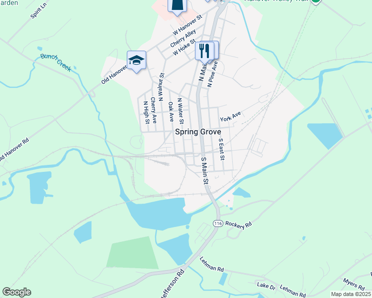 map of restaurants, bars, coffee shops, grocery stores, and more near 79 South Water Street in Spring Grove