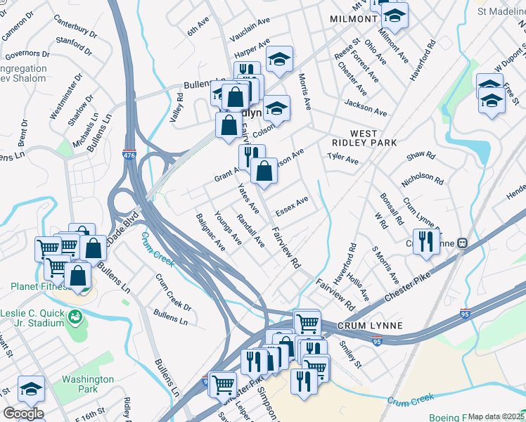 map of restaurants, bars, coffee shops, grocery stores, and more near 161 Fairview Road in Woodlyn