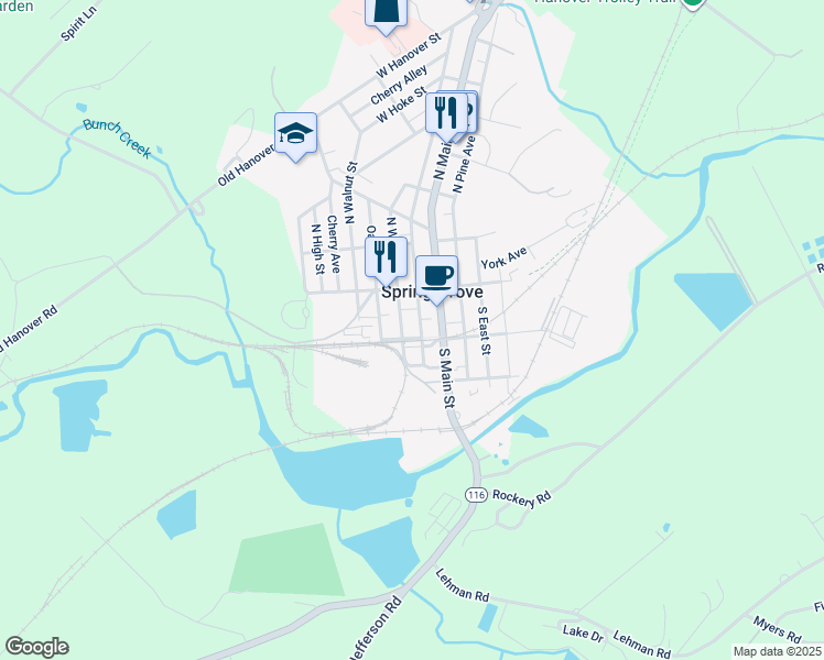 map of restaurants, bars, coffee shops, grocery stores, and more near 79 South Water Street in Spring Grove