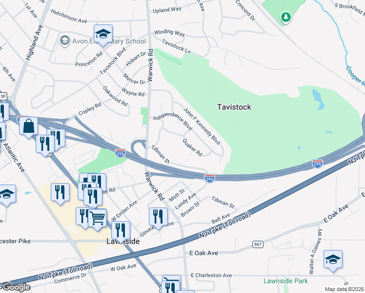 map of restaurants, bars, coffee shops, grocery stores, and more near 402 Quaker Court in Lawnside