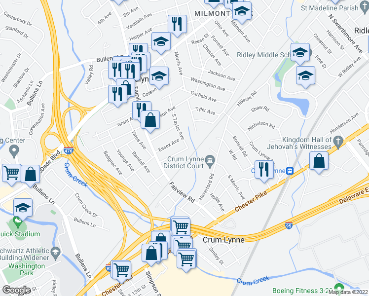 map of restaurants, bars, coffee shops, grocery stores, and more near 1205 Mildred Avenue in Woodlyn