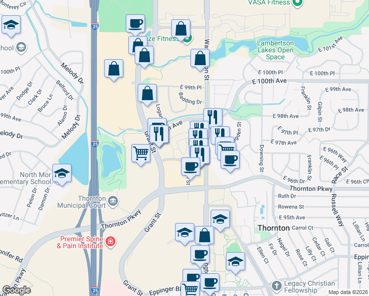 map of restaurants, bars, coffee shops, grocery stores, and more near 9703 Washington Street in Thornton