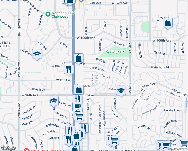 map of restaurants, bars, coffee shops, grocery stores, and more near 9640 Gull Street in Denver