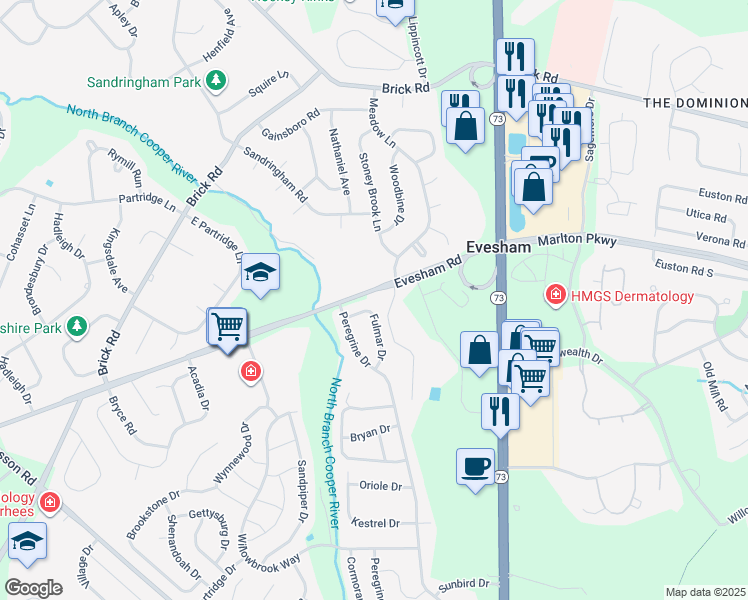 map of restaurants, bars, coffee shops, grocery stores, and more near 8 Fulmar Drive in Voorhees Township