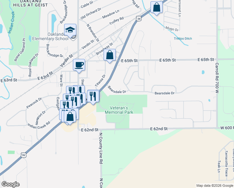 map of restaurants, bars, coffee shops, grocery stores, and more near 12043 Bearsdale Drive in Indianapolis