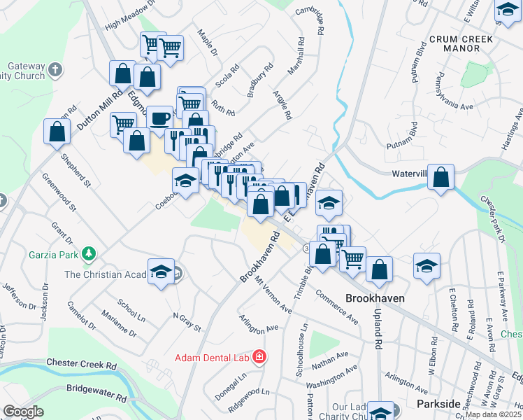 map of restaurants, bars, coffee shops, grocery stores, and more near 4220 Edgmont Avenue in Brookhaven
