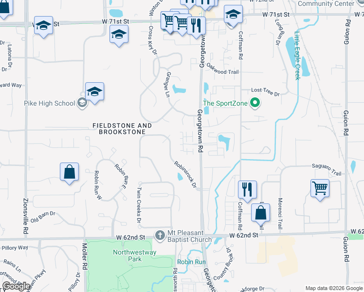 map of restaurants, bars, coffee shops, grocery stores, and more near 6454 Potomac Square Lane in Indianapolis