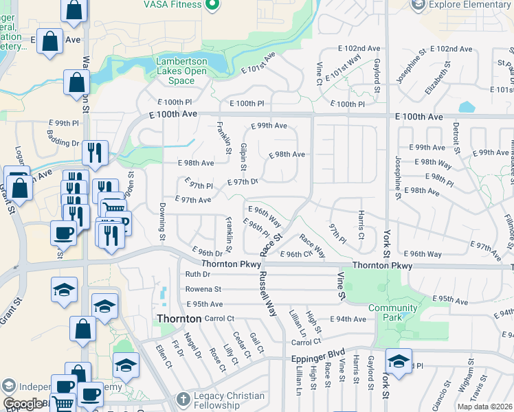 map of restaurants, bars, coffee shops, grocery stores, and more near 1678 East 96th Way in Thornton