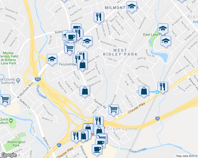 map of restaurants, bars, coffee shops, grocery stores, and more near 1215 Mildred Avenue in Woodlyn