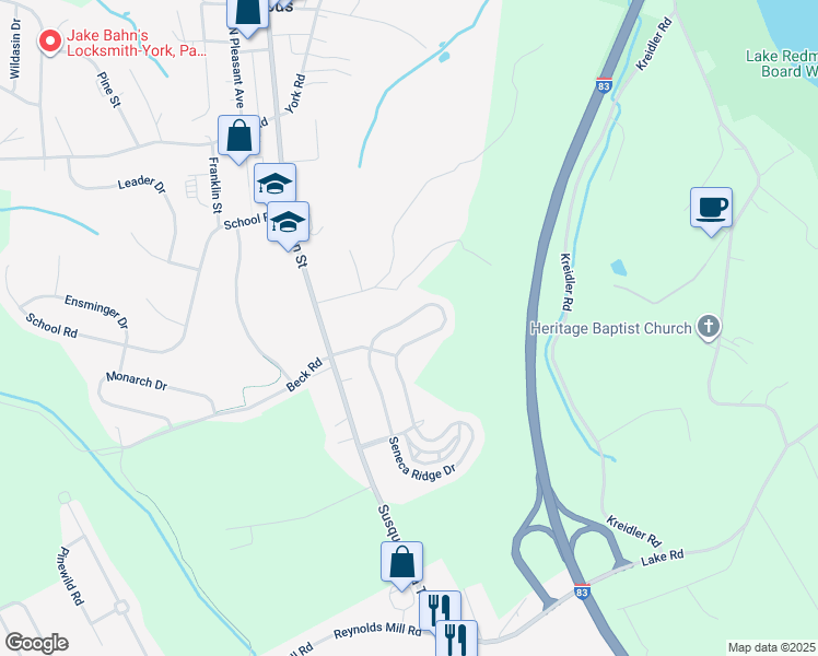 map of restaurants, bars, coffee shops, grocery stores, and more near 7787 Seneca Ridge Drive in York