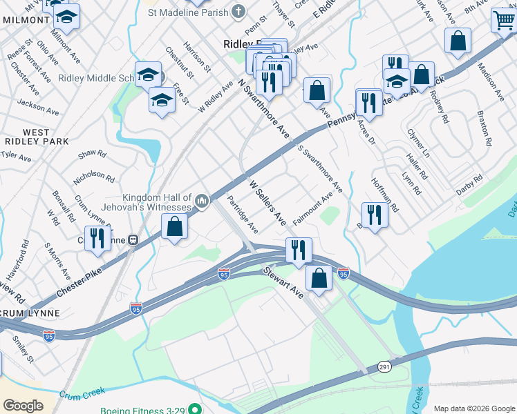 map of restaurants, bars, coffee shops, grocery stores, and more near 23 Partridge Avenue in Ridley Park