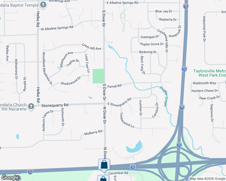 map of restaurants, bars, coffee shops, grocery stores, and more near 76 Farrell Road in Vandalia
