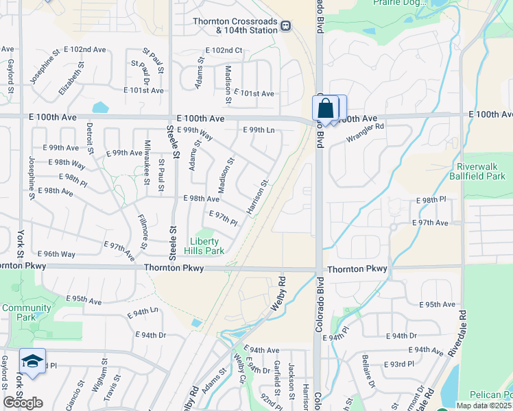 map of restaurants, bars, coffee shops, grocery stores, and more near 9820 Harrison Street in Thornton