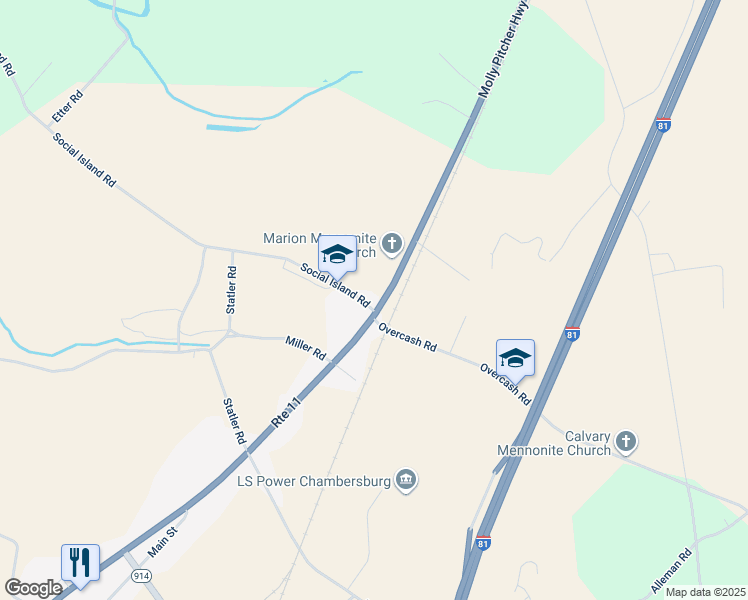 map of restaurants, bars, coffee shops, grocery stores, and more near 4423 Molly Pitcher Highway in Chambersburg