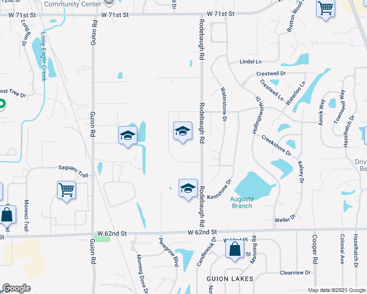 map of restaurants, bars, coffee shops, grocery stores, and more near 6450 Rodebaugh Road in Indianapolis