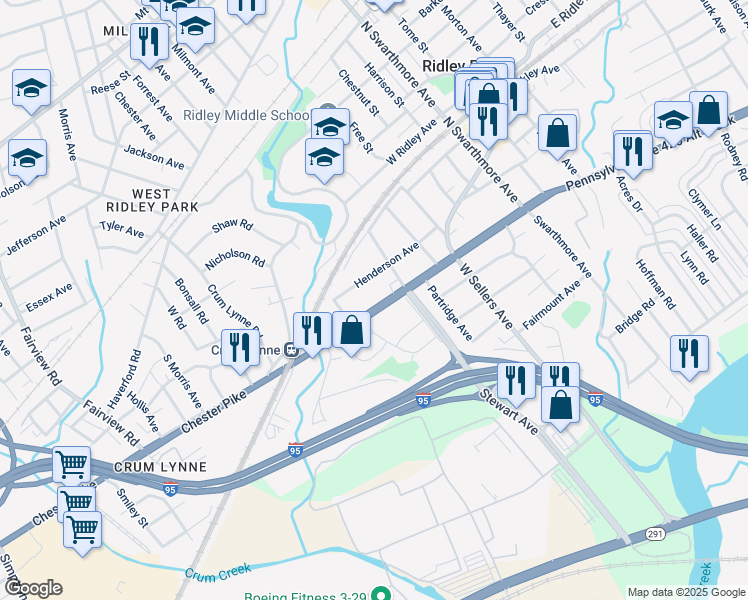 map of restaurants, bars, coffee shops, grocery stores, and more near 216 West Chester Pike in Ridley Park