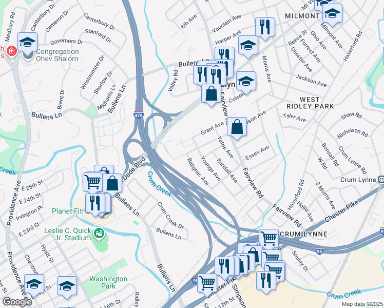 map of restaurants, bars, coffee shops, grocery stores, and more near 181 Youngs Avenue in Woodlyn