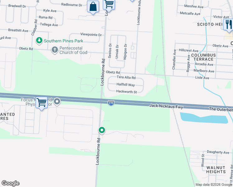 map of restaurants, bars, coffee shops, grocery stores, and more near 1433 Hackworth Street in Columbus