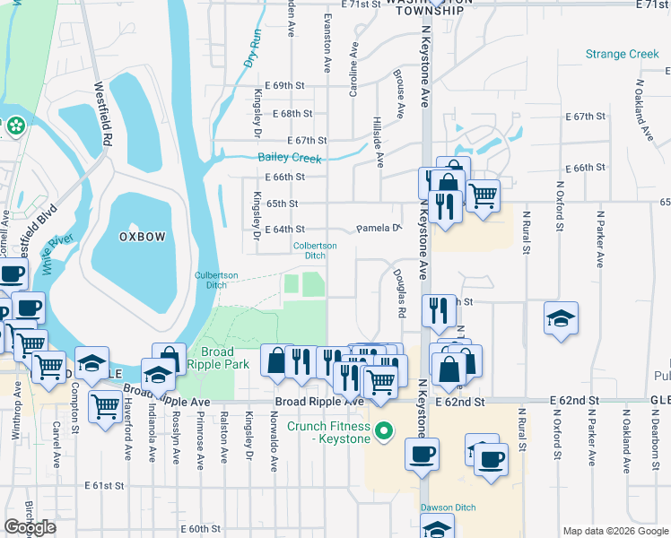 map of restaurants, bars, coffee shops, grocery stores, and more near 6333 Evanston Avenue in Indianapolis