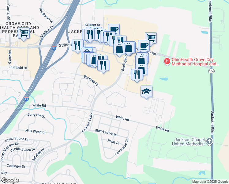 map of restaurants, bars, coffee shops, grocery stores, and more near 4283 Waterside Place in Grove City