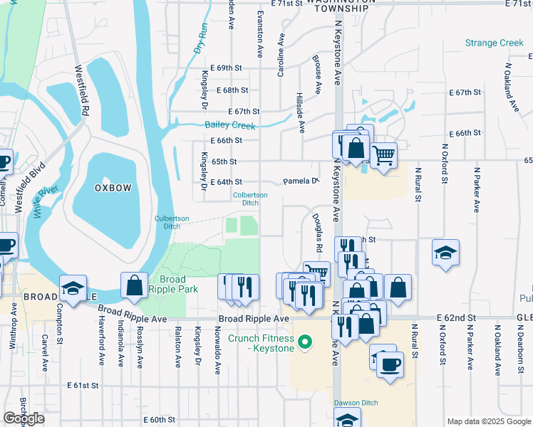 map of restaurants, bars, coffee shops, grocery stores, and more near 6333 Evanston Avenue in Indianapolis