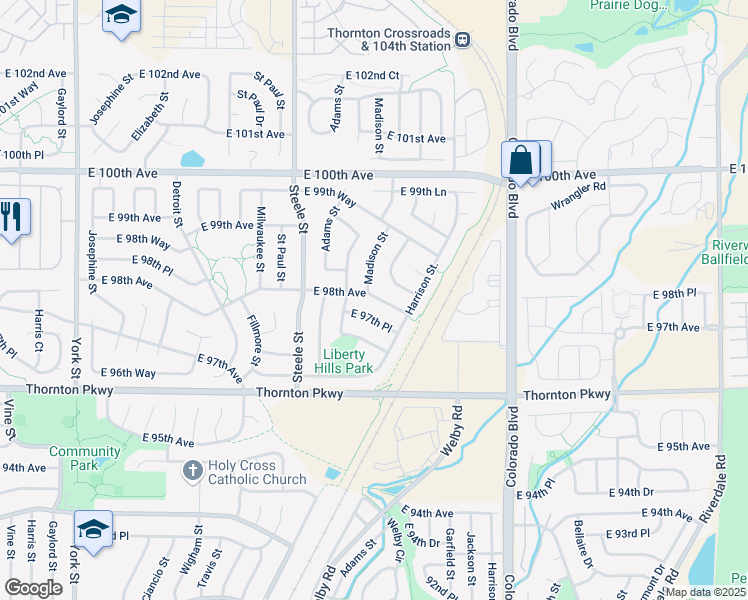 map of restaurants, bars, coffee shops, grocery stores, and more near 3545 East 97th Place in Thornton