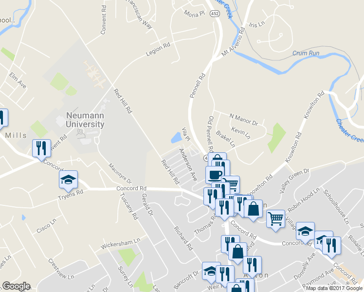 map of restaurants, bars, coffee shops, grocery stores, and more near 48 Anderson Avenue in Media